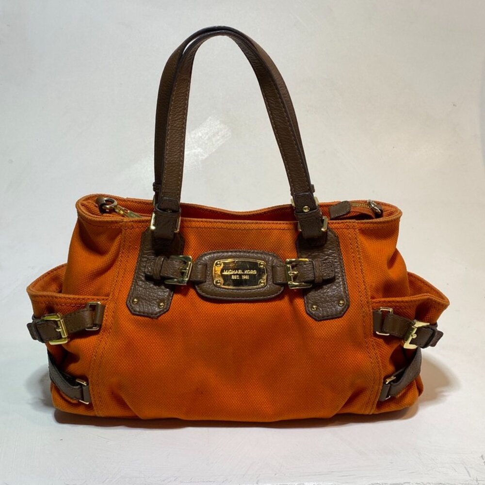 Michael Kors Gansevoort Zip Top Satchel Tangerine Canvas Brown Leather Trim - Picture 4 of 7